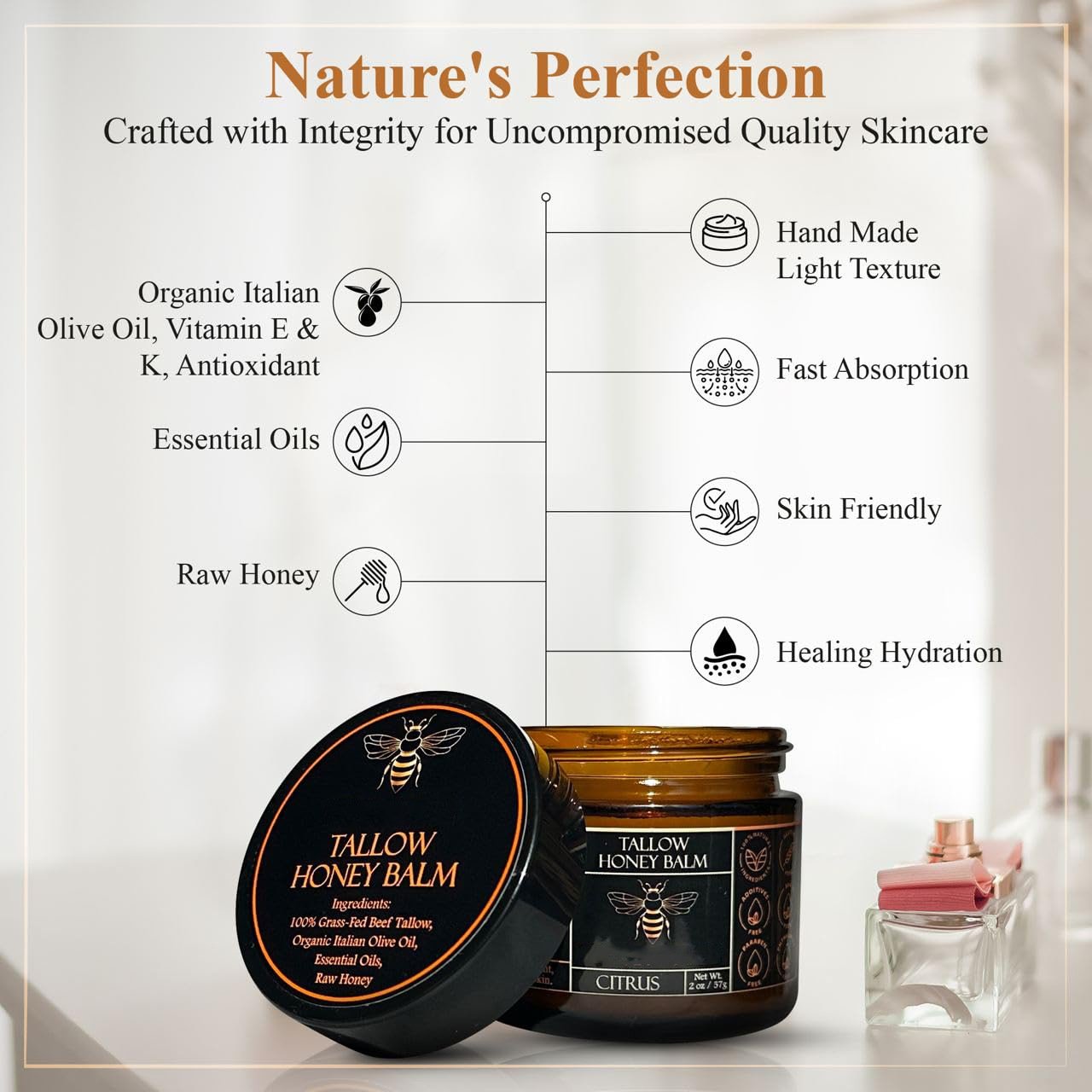 šOrganic Grass-Fed Beef Tallow Balm with Raw Honey