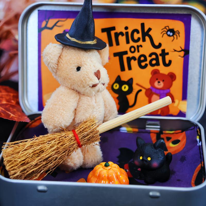 🎃🧸Cute Halloween Bear in a Box with wizard hat, Blanket, Broom, Pumpkin & Cat🌟👻