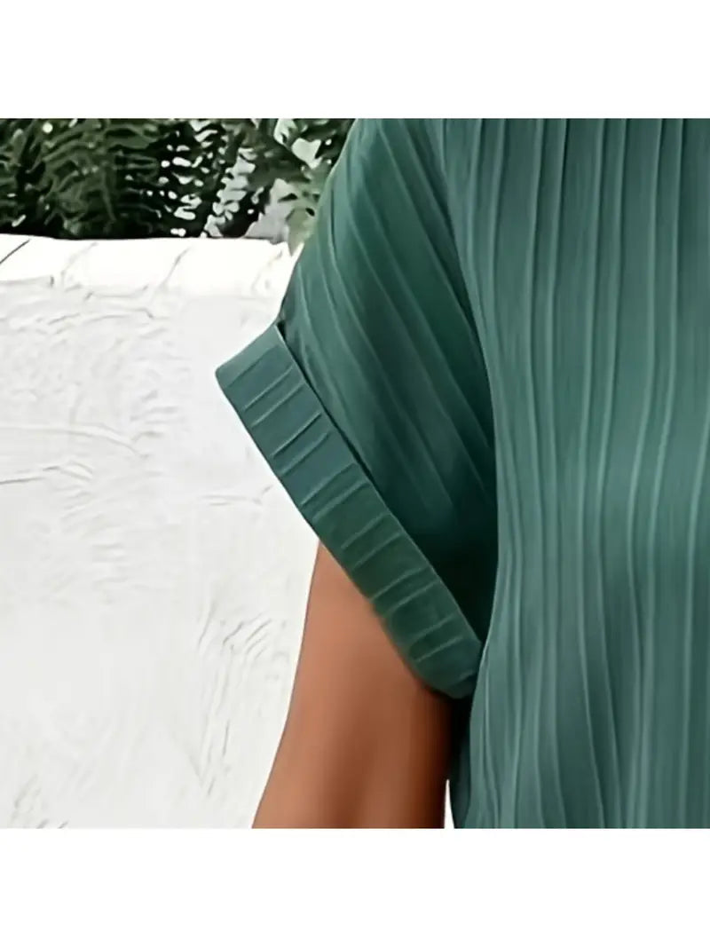 V-Neck Short Sleeve Solid Pullover Button Dress