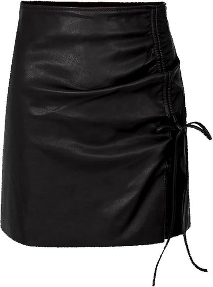 Solid Color Drawstring Tie Split High-Waist A-Line Bodycon PU Leather Mini Skirt