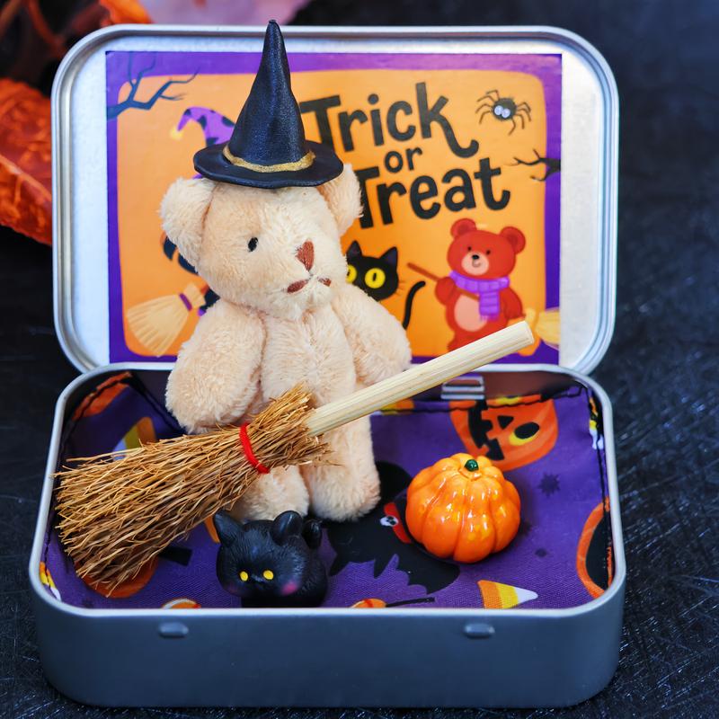 🎃🧸Cute Halloween Bear in a Box with wizard hat, Blanket, Broom, Pumpkin & Cat🌟👻