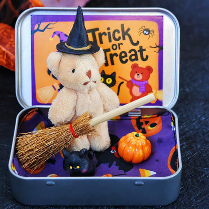 🎃🧸Cute Halloween Bear in a Box with wizard hat, Blanket, Broom, Pumpkin & Cat🌟👻