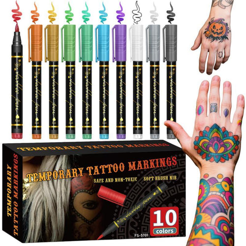 💥Temporary Tattoo Markers Set-10-Color Body Art Pens🌈+ FREE Stencil Kit (296pcs)