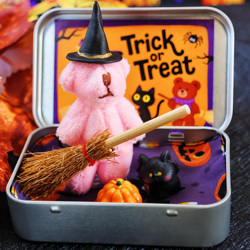 🎃🧸Cute Halloween Bear in a Box with wizard hat, Blanket, Broom, Pumpkin & Cat🌟👻