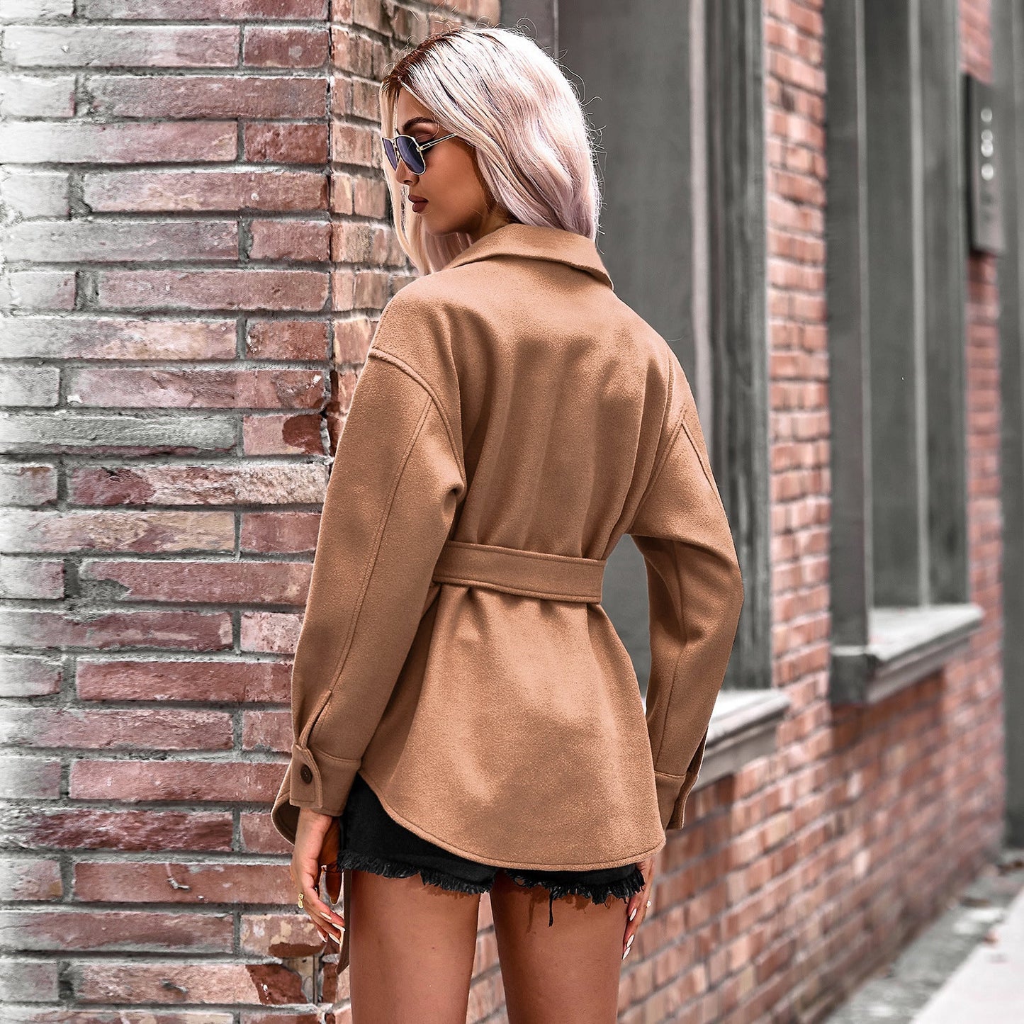 Solid Color Shirt Collar Belted Button-Up Loose Trench Coat