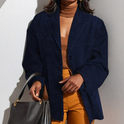 Vintage Style Loose Suede Long-Sleeve Blazer with Pockets for Women