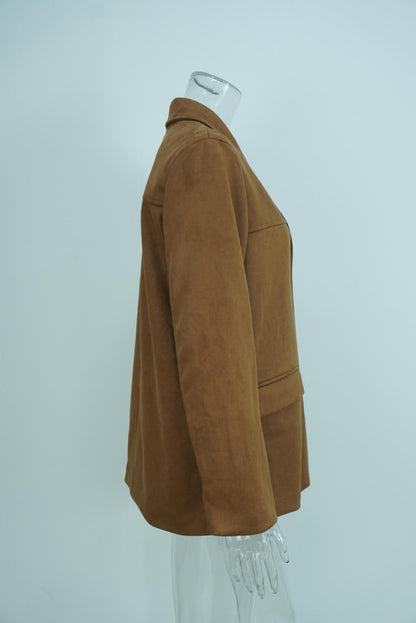 Vintage Style Loose Suede Long-Sleeve Blazer with Pockets for Women
