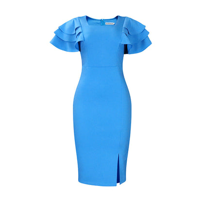Square Neck Ruffled Short-Sleeve Bodycon Dress
