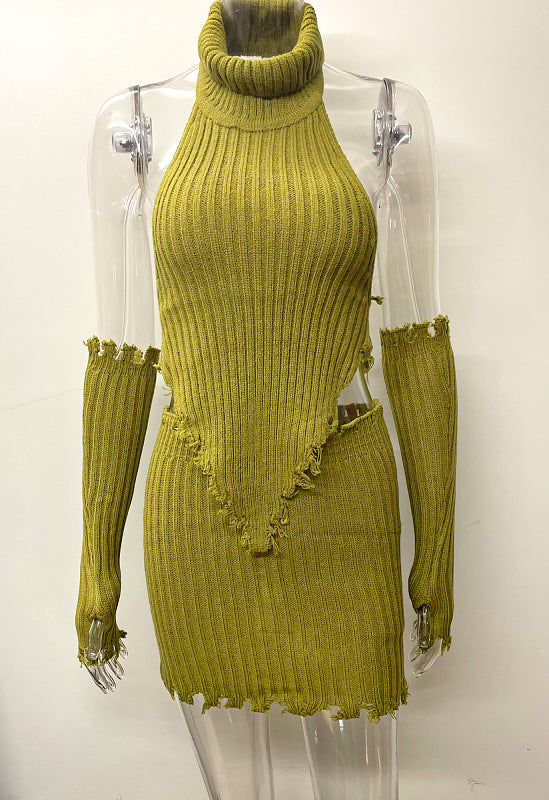 Strap Neck Hot Girl Short Knit Top and Bodycon Mini Skirt Women's Two-Piece Set