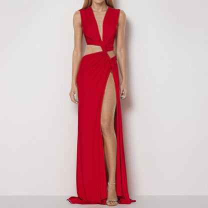 Cut-Out Knot V-Neck Sleeveless Pleated Asymmetrical Slit Dress