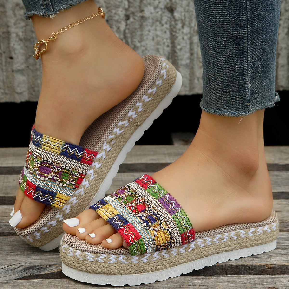 Peep-Toe Wedge Braided Jute Platform Comfortable Slip-On Sandals