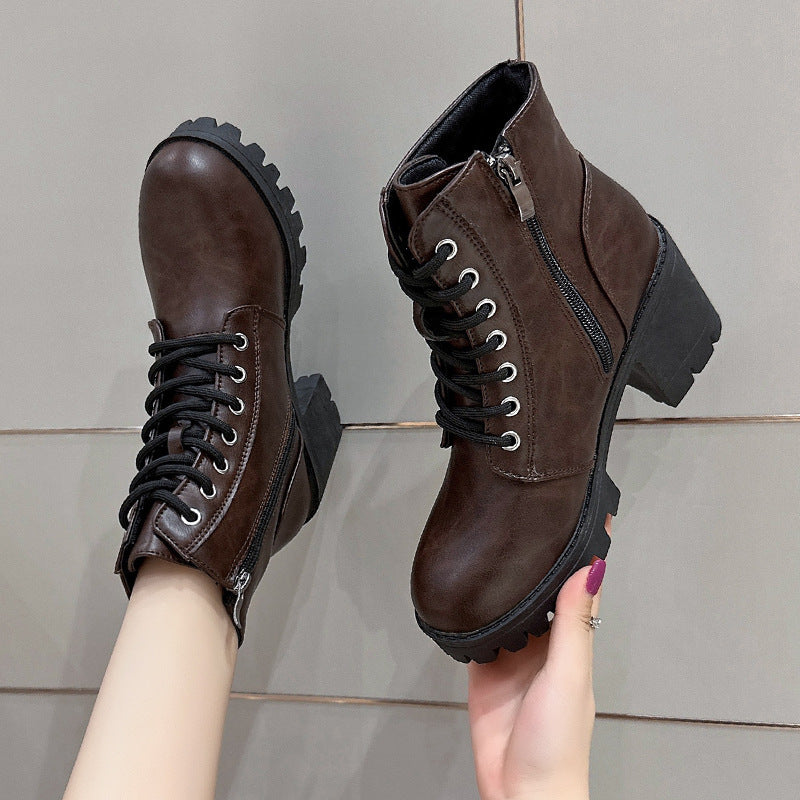Round-Toe Mid-Heel Ankle Martin Boots with Side Zipper in Solid Color