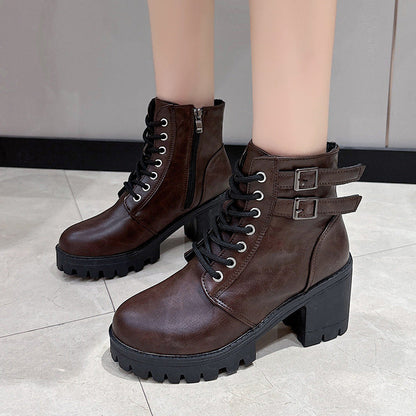 Round-Toe Mid-Heel Ankle Martin Boots with Side Zipper in Solid Color