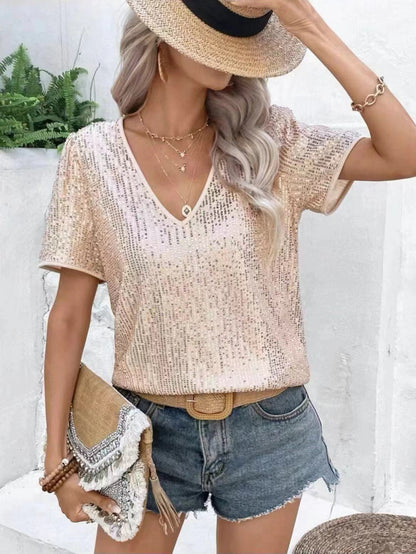 Solid Color Sequin V-Neck Loose Short-Sleeve Women's T-Shirt