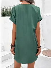 V-Neck Short Sleeve Solid Pullover Button Dress