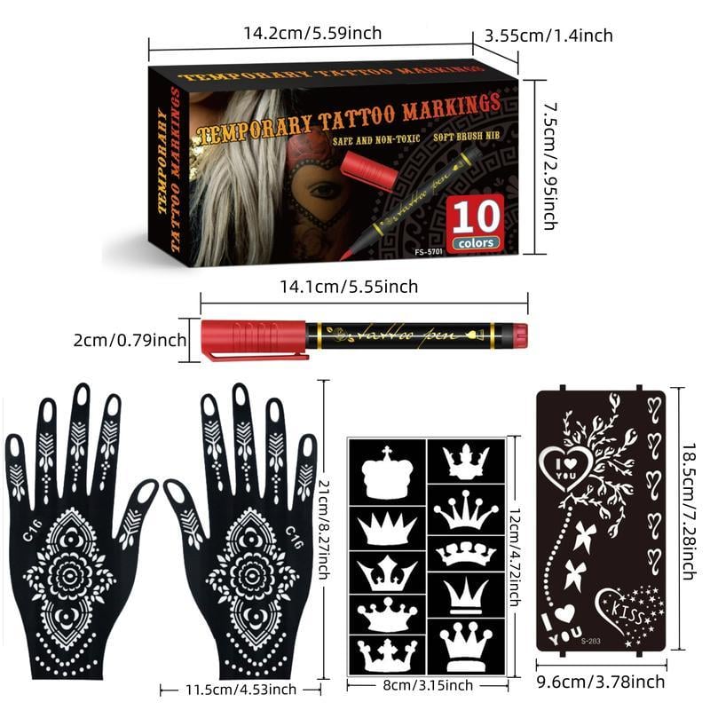 💥Temporary Tattoo Markers Set-10-Color Body Art Pens🌈+ FREE Stencil Kit (296pcs)