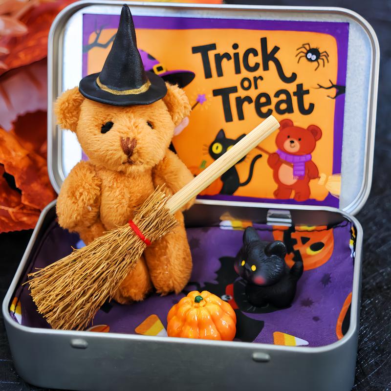 🎃🧸Cute Halloween Bear in a Box with wizard hat, Blanket, Broom, Pumpkin & Cat🌟👻
