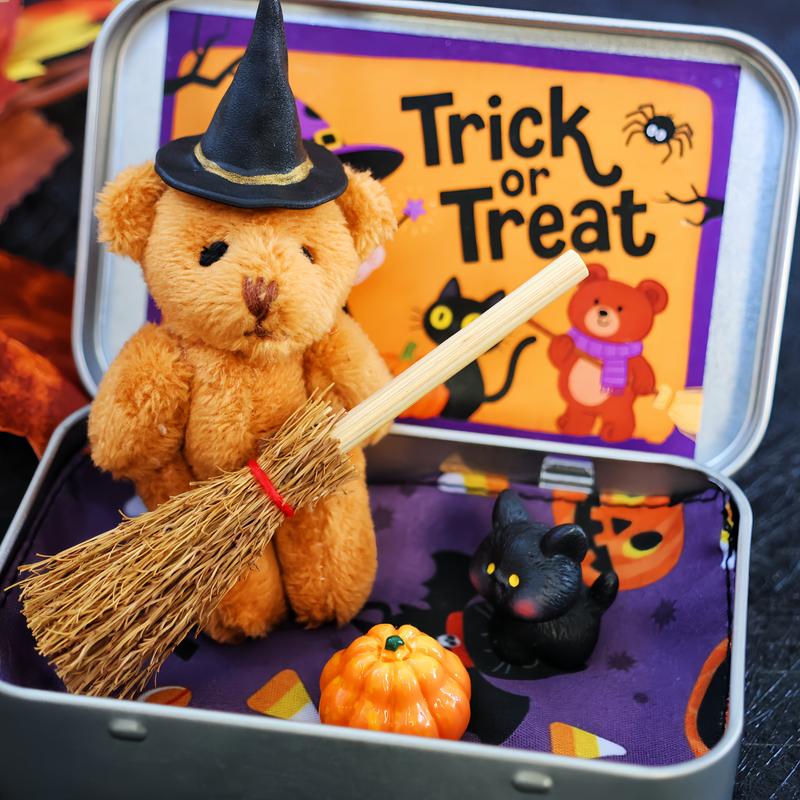 🎃🧸Cute Halloween Bear in a Box with wizard hat, Blanket, Broom, Pumpkin & Cat🌟👻