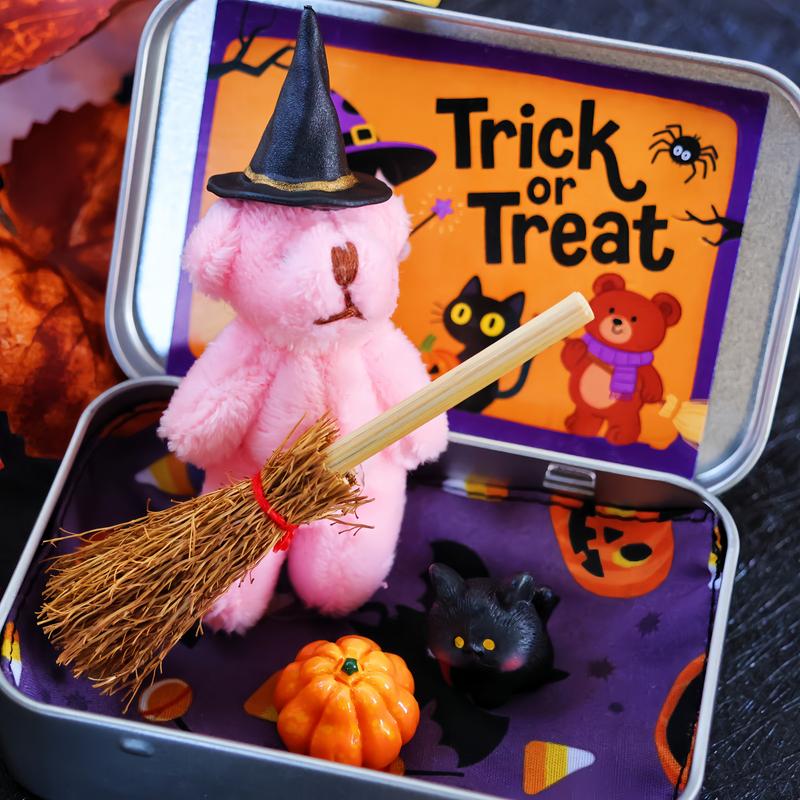 🎃🧸Cute Halloween Bear in a Box with wizard hat, Blanket, Broom, Pumpkin & Cat🌟👻