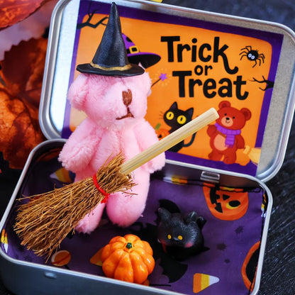🎃🧸Cute Halloween Bear in a Box with wizard hat, Blanket, Broom, Pumpkin & Cat🌟👻