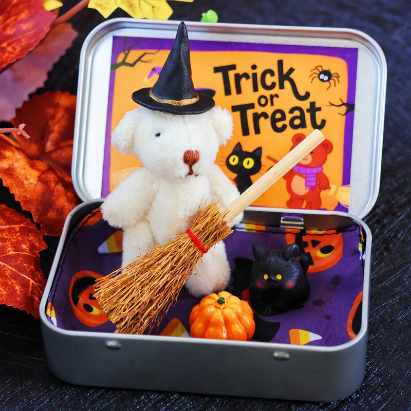🎃🧸Cute Halloween Bear in a Box with wizard hat, Blanket, Broom, Pumpkin & Cat🌟👻